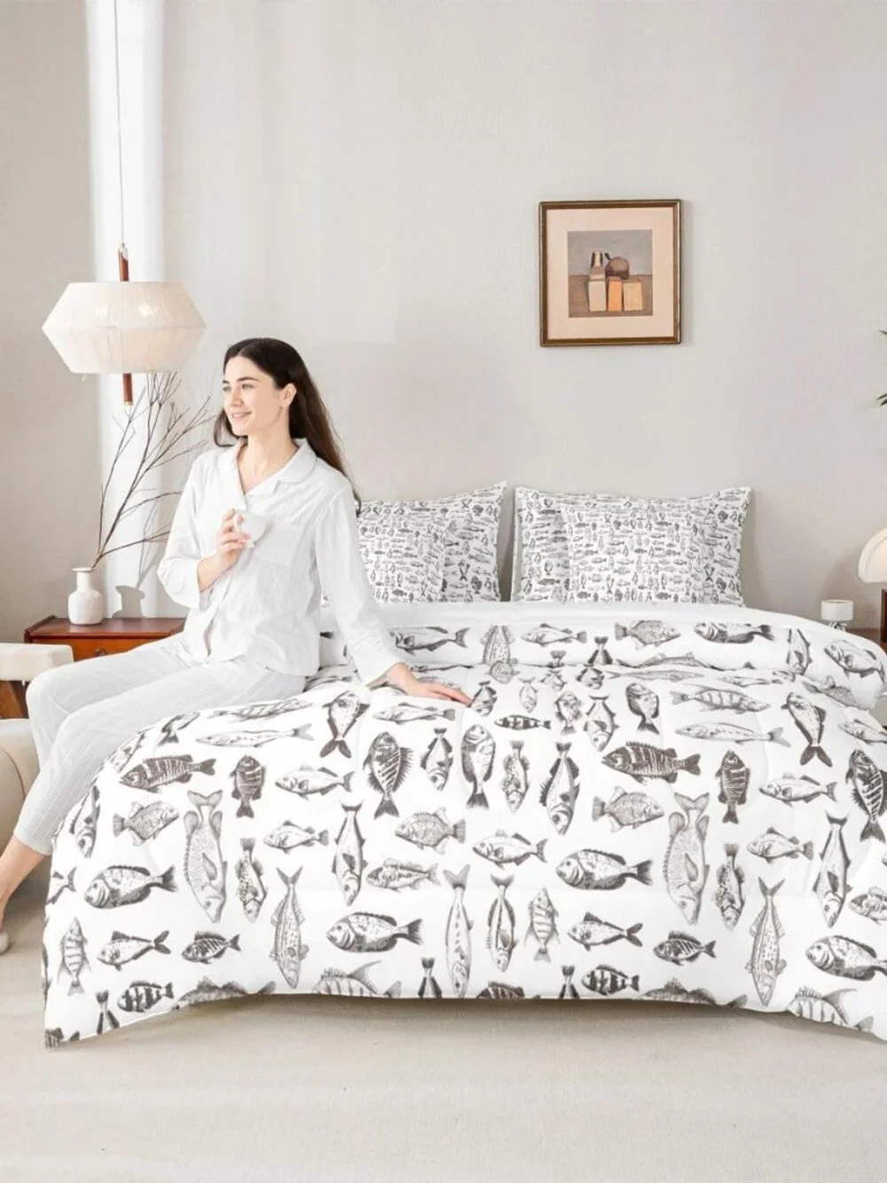 Fishing Comforter Set with Sheets 7 Piece Full Size Rustic Lakehouse Bedding Set